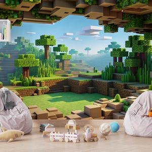 Pode incluir: Uma cena renderizada digitalmente com uma paisagem pixelizada com árvores, grama e céu azul. Duas cadeiras de saco cinzentas estão em primeiro plano, juntamente com blocos de brinquedo e um tubarão de brinquedo. Uma prateleira branca exibe itens decorativos.