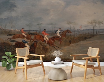 Vintage Steeplechase Peel and Stick Wallpaper, Horse Racing Equestrian Wall Mural, Classic English Countryside Scene, Removable Custom Size
