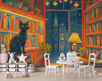 Cozy Cat Wall Mural Peel and Stick, Library Bookshelf Wallpaper, Night City Window View, Cat Lover Decor, Removable Custom Size