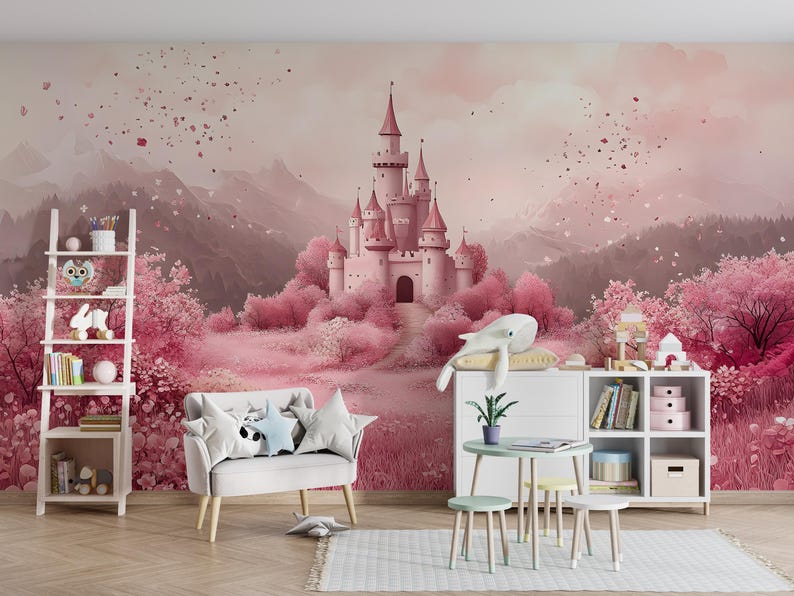 Pink Fairy Tale Castle Wallpaper Peel and Stick Wallpaper Removable ...