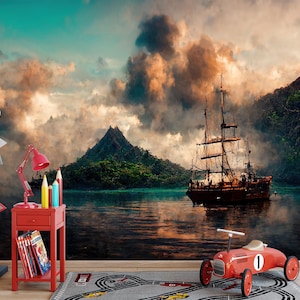 Mystic Pirate Ship Wallpaper Mural, Peel and Stick Removable Wall Decor, Digital Print Ocean Adventure Design