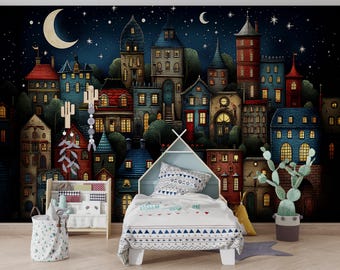 Colorful Night Town Wallpaper Peel and Stick, Kids Room Wall Mural, Fantasy City Nursery Decor, Removable Custom Size, Starry Sky Houses