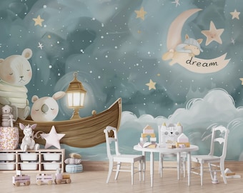 Bear Moon Wallpaper Peel and Stick, Nursery Wall Mural, Baby Room Decor, Night Sky Kids Wallpaper, Removable Custom Size