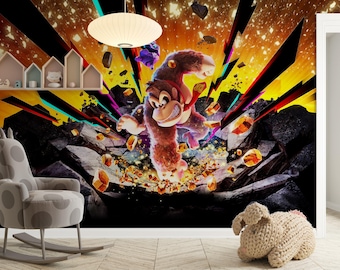 Donkey Kong behang, Gorilla Gaming muurschildering, decoratie voor kinderkamer, afneembaar behang op maat