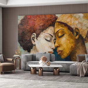 May include: A modern living room featuring a large abstract painting of two women with closed eyes. The room includes a gray sofa, a brown armchair, a marble coffee table, and a gray rug. The walls are a mix of wood paneling and marble.