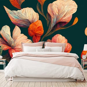 May include: A bedroom with a large floral mural in shades of orange, peach, and white against a dark teal background. The bed has white linens, a pink throw, and pillows. A small side table with a lamp and a clock is on the right.