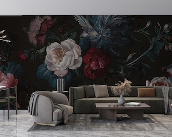 Peel and Stick Wallpaper Dark Floral Wall Mural, Removable Custom Size Wallpaper, Moody Botanical Wallpaper, Renter Friendly Vintage Flower