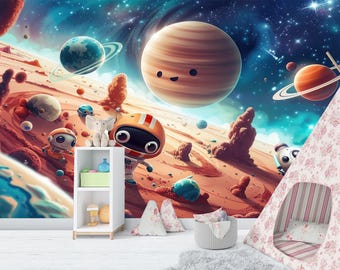 Kids Space Peel and Stick Wallpaper, Colorful Galaxy Wall Mural, Solar System Art, Nursery Room Decor, Removable Custom Size