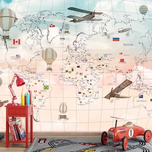 Carta da parati con mappa del mondo vintage - Carta da parati murale con aeroplani e mongolfiere retrò, mappa di viaggio avventuroso per la cameretta dei bambini, carta da parati con mappa educativa