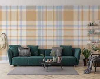 Beige Blue Plaid Peel and Stick Wallpaper Removable Custom Size Farmhouse Living Room Bedroom Office Decor