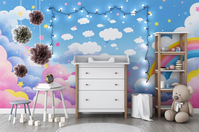 Rainbow Cloud Wallpaper Peel and Stick, Nursery Wall Mural, Pastel Kids ...