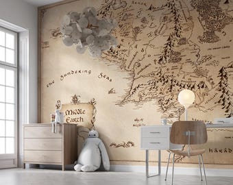 Middle Earth Fantasy kaart Peel and Stick behang, Lord of the Rings wereldkaart muur muurschildering, vintage Tolkien muur decor, verwisselbaar aangepast formaat