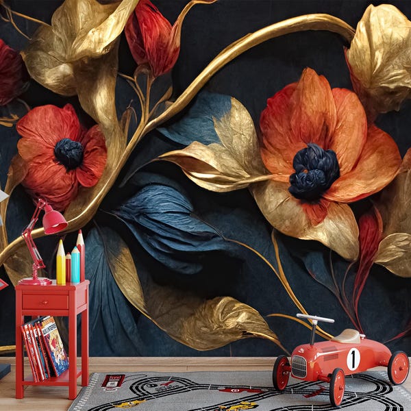Golden Floral Wallpaper Mural, Peel and Stick, Elegant Botanical