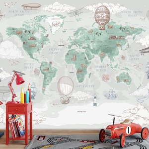 Carta da parati con mappa del mondo vintage / Decorazione per la stanza dei bambini con tema viaggi avventurosi / Murale con mappa illustrata dell'esploratore / Arte murale educativa in stile antico