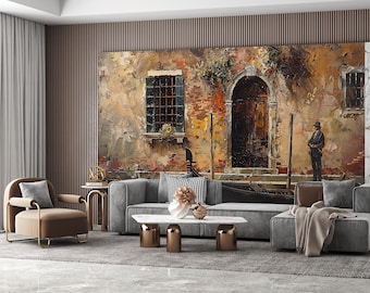 Venice Canal Peel and Stick Wallpaper, Vintage Gondola Wall Mural, Italian Cityscape Art, Removable Custom Size Decor