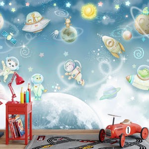 Carta da parati con animali spaziali stravaganti - Carini astronauti e razzi per la cameretta dei bambini - Murale per bambini con avventure nello spazio - Arte murale a tema galassia