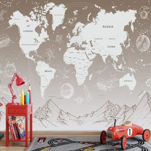 Carta da parati con mappa del mondo di avventure spaziali / Carta da parati murale con galassia cosmica / Decorazione per la stanza dei bambini con astronauti e pianeti / Arte murale educativa sullo spazio