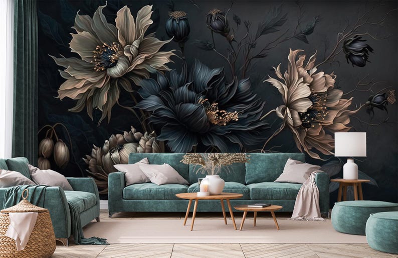 Dark Floral Peony Peel and Stick Wallpaper, Vintage Botanical Flower ...