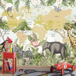 Carta da parati con mappa del mondo della giungla safari / murale con animali ad acquerello / decorazioni per la stanza dei bambini / arte murale per la cameretta dei bambini con animali selvatici tropicali