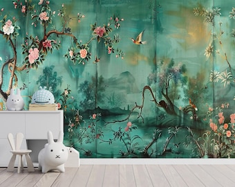 Groenblauwe chinoiseriebehangmuurschildering, Birds & Blossoms, Peel and Stick