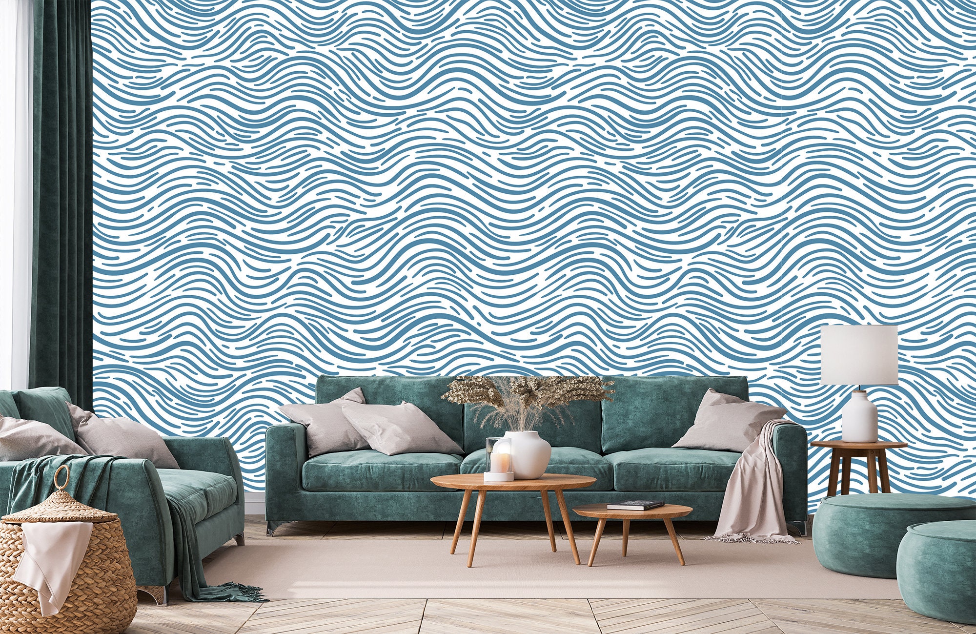 Modern Wave Pattern Wallpaper,ocean Inspired Blue and White Wall Decor ...