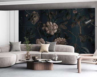 Dark Floral Peel and Stick Wallpaper, Moody Botanical Wall Mural, Removable Self Adhesive Custom Size Renter Friendly Decor