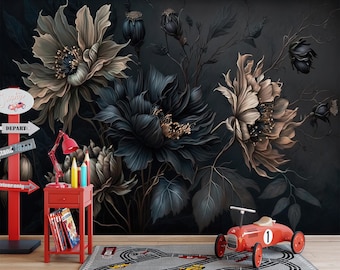 Dark Floral Peony Peel and Stick Wallpaper, Vintage Botanical Flower Wall Mural, Elegant Moody Design, Removable Custom Size
