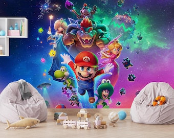 Super Mario Peel and Stick Wallpaper, Removable Custom Size Wall Mural, Kids Room Decor, Gaming Room Galaxy Space Decor