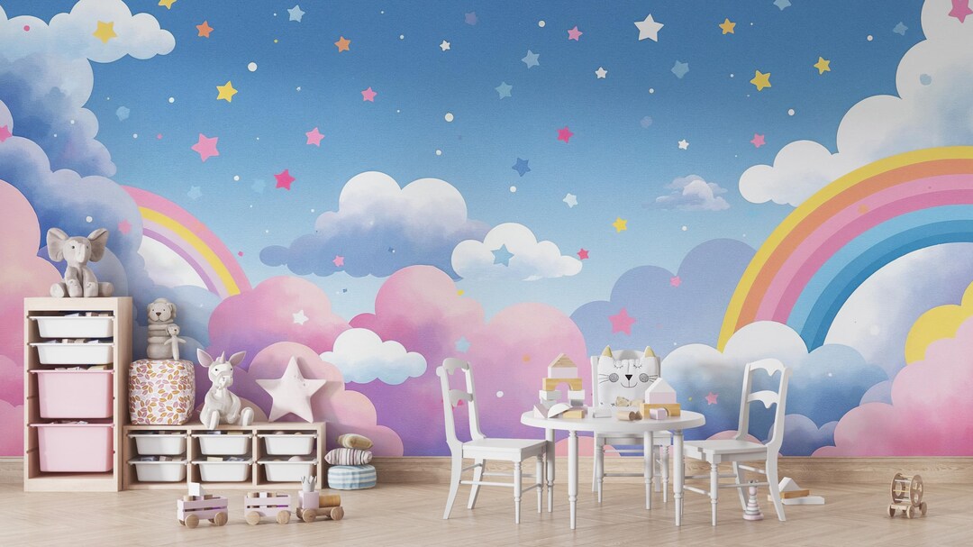 Rainbow Cloud Wallpaper Peel and Stick, Nursery Wall Mural, Pastel Kids ...