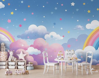 Carta da parati adesiva "Nuvola Arcobaleno", murale per cameretta, decorazioni pastello per la stanza dei bambini, carta da parati per la cameretta della bambina, rimovibile e personalizzabile.