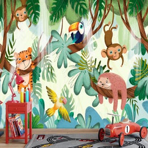 Arte mural de animales de la selva para niños: bonito papel tapiz de safari para habitación infantil con tigre, monos, loro, tucán y perezoso / Bosque tropical juguetón