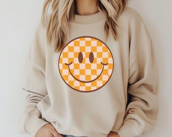 Sudadera a cuadros con carita feliz: Sudadera unisex de mezcla de algodón