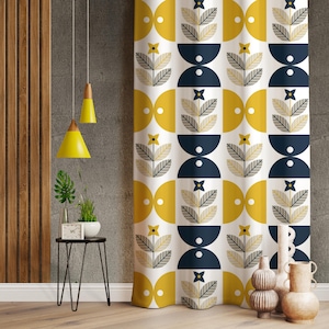 Scandinavian Patterned Mid-Century Style Window Treatments, Scandi Decor Home Window Curtains, Flat Shapes Patterned Decorative Curtains