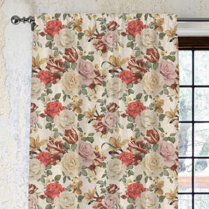 Linen Curtain Panels, Vintage Cotton Drapes, Floral Window Curtain, Farmhouse Living Room Curtains, Botanical Cotton Panels