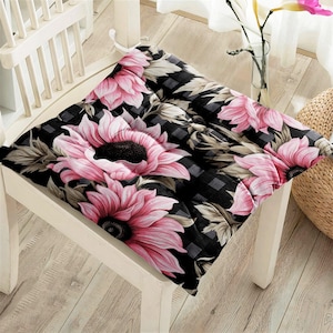 Flower Patterned Outdoor Chair Cushions With Ties, Fluffy Chair Cushions, Floral Puffy Cushion, Flowered Chair Pads, Kitchen Chairs Pad