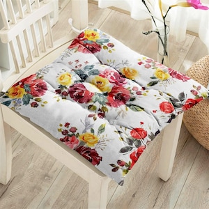 Outdoor Flower Patterned Cushions, Fluffy Chair Cushions With Ties, Floral Puffy Cushion, Flowered Chair Pads, Indoor Seat Pad
