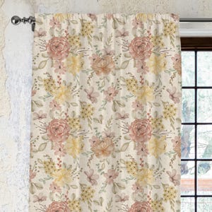 Linen Floral Curtain, Vintage Theme Linen, Farmhouse Room Drapes, Cotton Window Panel, Floral Home Decor