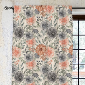 Linen Vintage Floral Curtain, Rustic Botanical Cotton Drapes, Farmhouse Window Panel, Natural Floral Curtain for Living Room