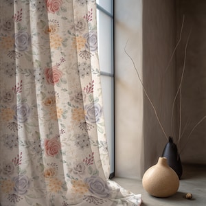 Linen Curtain Panels, Floral Cotton Drapes, Botanical Window Curtains, Farmhouse Style for Living Room or Bedroom