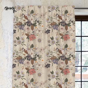 Panneau de rideau en lin et coton, rideaux botaniques floraux, rideau de fenêtre de ferme, panneau en coton rustique pour salon