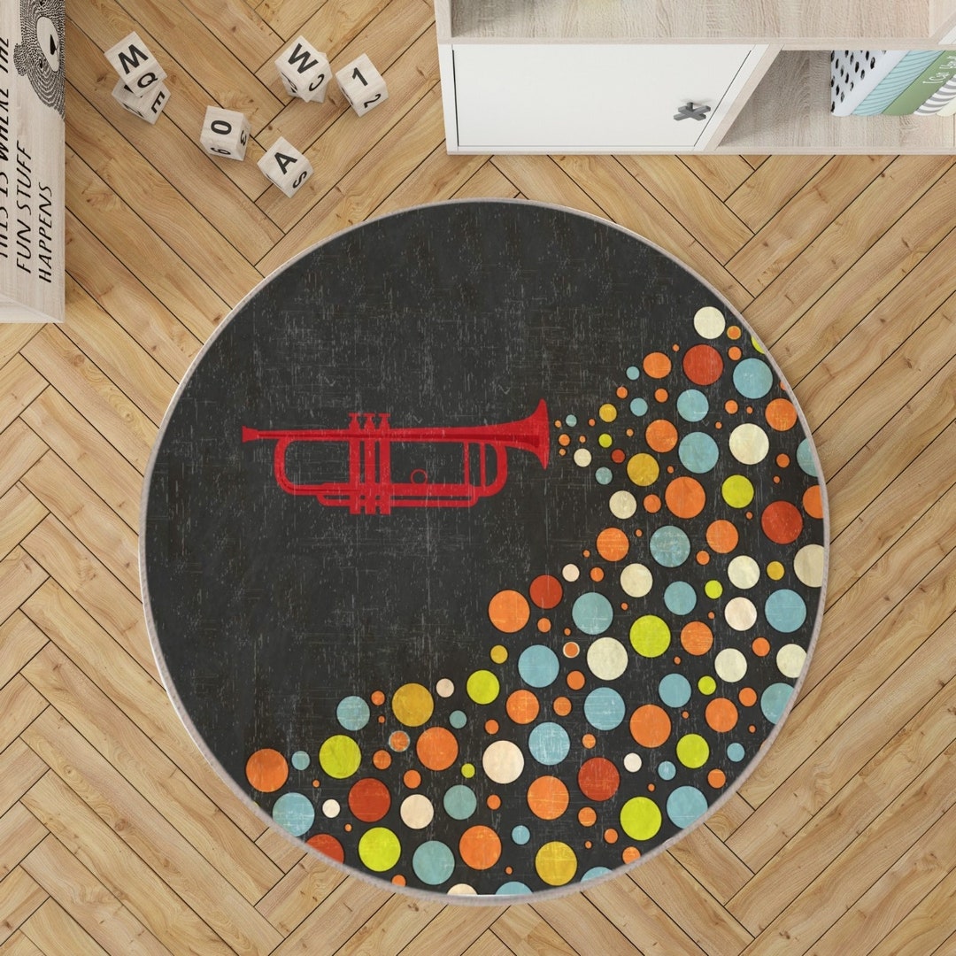 Circle Music Rug Trumpet Patterned Round Rugs for Music Room, Music Themed Soft Rugs for ...