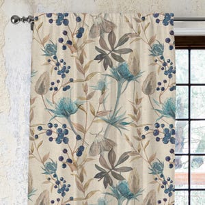 Linen Vintage Floral Curtain – Botanical Print Cotton Drapes, Rustic Farmhouse Window Panel, Country Style Natural Curtain