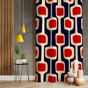 Mid-Century Retro Curtains, Navy Blue Retro Curtains, Mid Century Modern Curtain For Living Room, Nordic Patterned Drapes For Dining Room