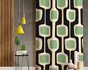 Retro Style Living Room Curtains With Green Tones, Black Retro Curtains, Mid Century Modern Curtain For Living Room, Nordic Patterned Drapes