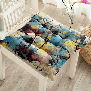 Modern Indoor or Outdoor Chair Cushion, Abstract Seat Cushion with Ties, Floral Puffy Cushion, Square Seat Pad