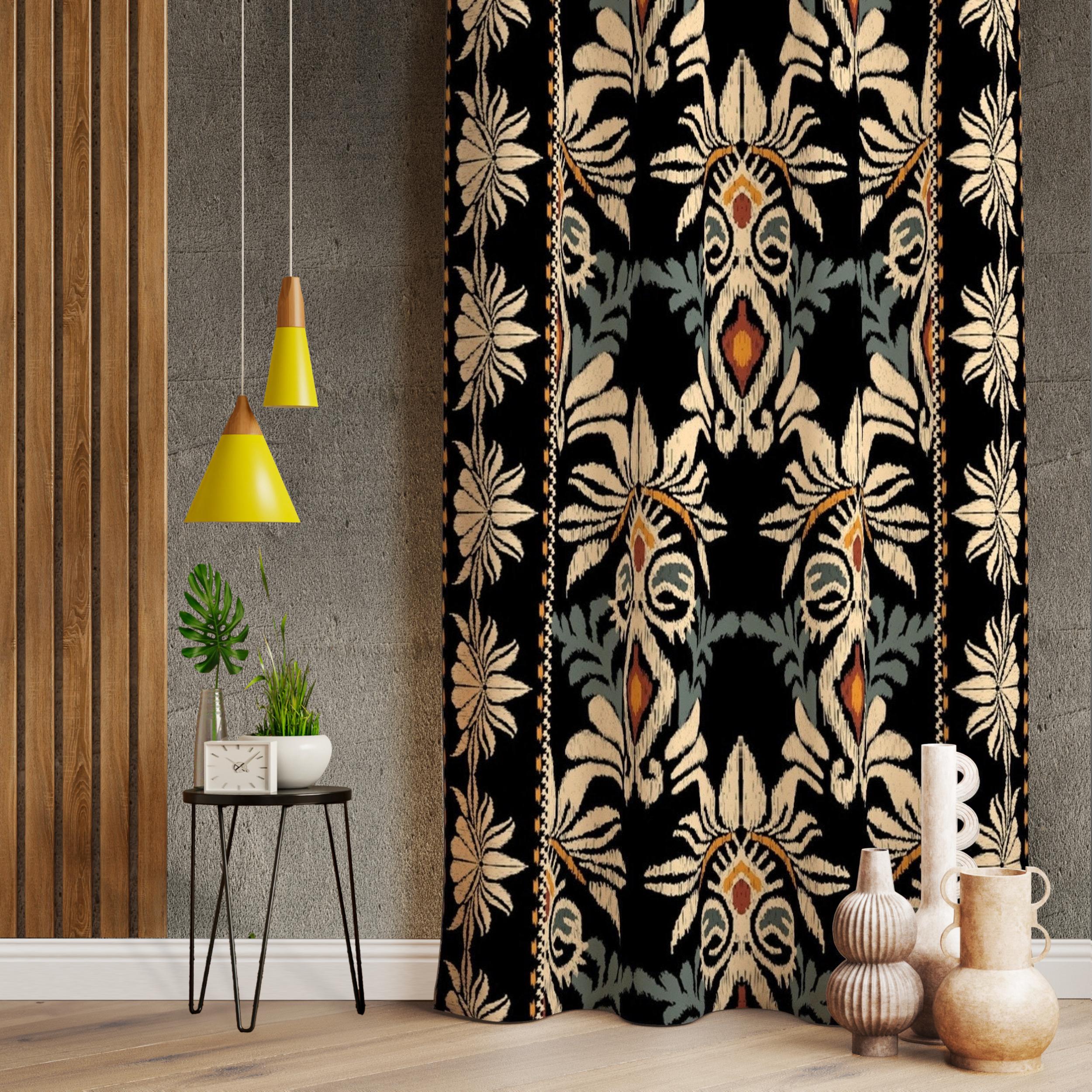 Ethnic Black Ikat Curtain, Damask Pattern Black Curtain, Aztec Decor Drape, Vintage Drape, Ethnic Drapes, Ethnic Boho Curtains, Ikat Curtain
