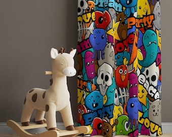 Cartoon Kids Curtains, Green Patterned Nursery Drapes