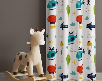 Helicopter Nursery Curtains - Air Balloon and Airplane Theme Drapes