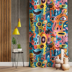 Funny Doodle Curtains: Vibrant Comic Face Design Drapes (Custom Fit)