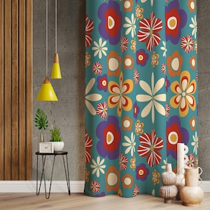 Abstract Curtains For Floral Decor, Colorful Flower Patterned Curtains For Rustic Decor, Rustic Style Drapes, Abstract Retro Drapes